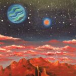 Oil painting of an alien world's night's sky over an arid landscape.