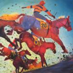 Colourful painting of racehorses.