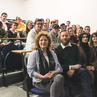 Film and TV editor Beverley Mills with Stratford-upon-Avon College lecturers and students