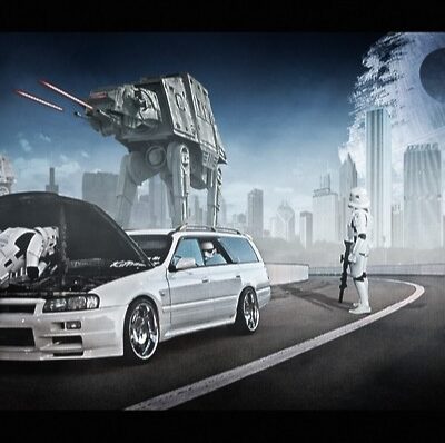 White car with star wars characters surrounding it