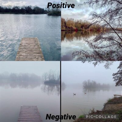 Two pictures of a lake one in light and one clouded