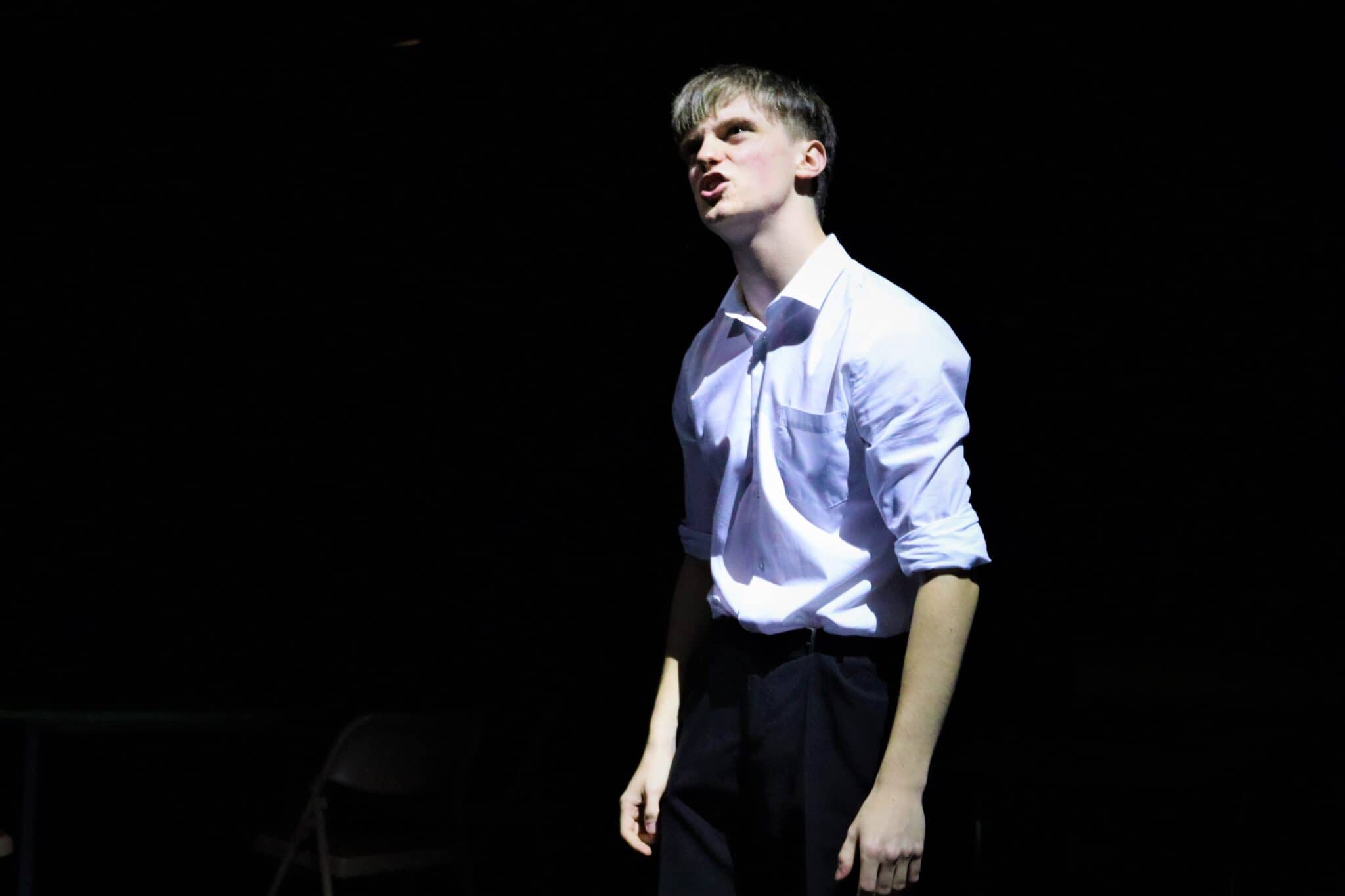 Harvey Bromwich in the title role of Macbeth by performing arts students at Stratford-upon-avon College