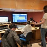 Stratford-upon-Avon College music and music production students work in recording studio.