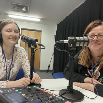 Learning Technologies team Isla and Emily in recording studio