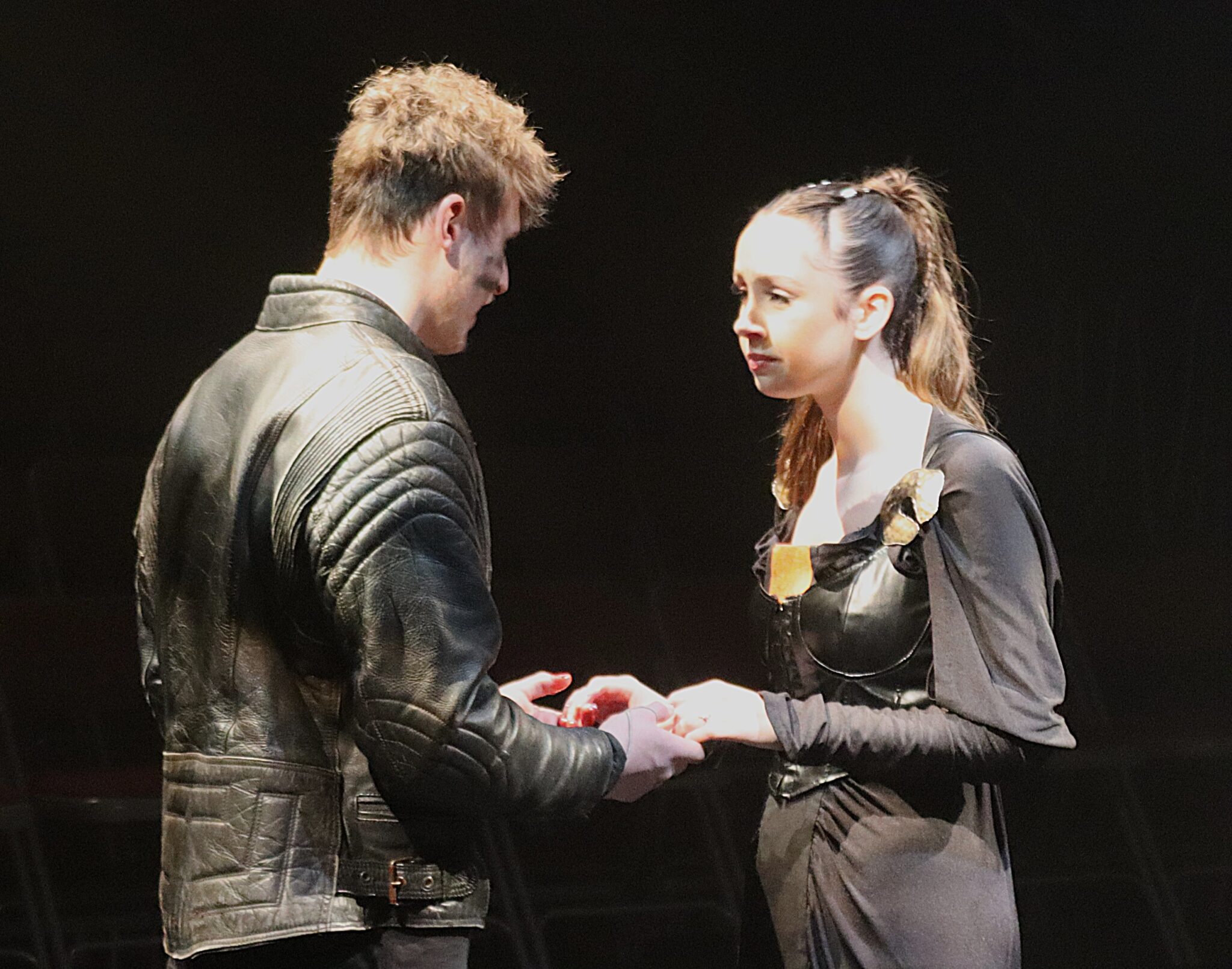 Two Stratford College actors looking at each other on stage