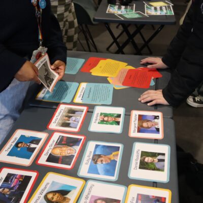 Photos of celebrities on a table on coloured paper.